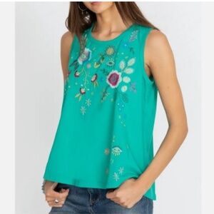 Johnny Was Embroidered Swing Tank Top Floral Eye Design Teal Green size Large
